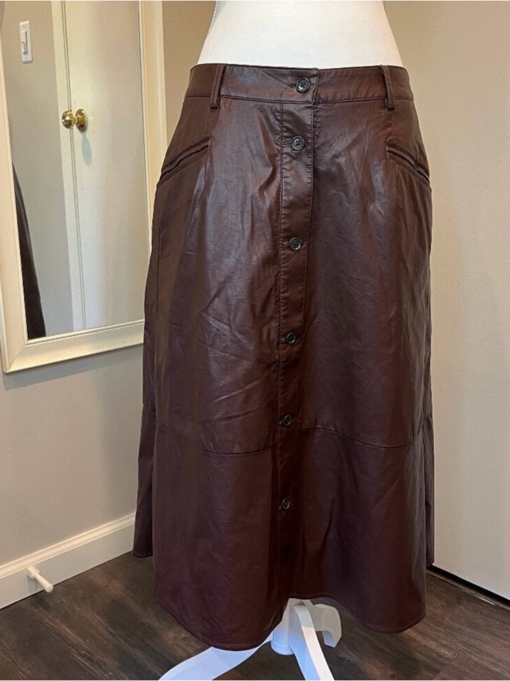 Banana Republic Dark Brown Button-Front Vegan Leather Midi Skirt size 8